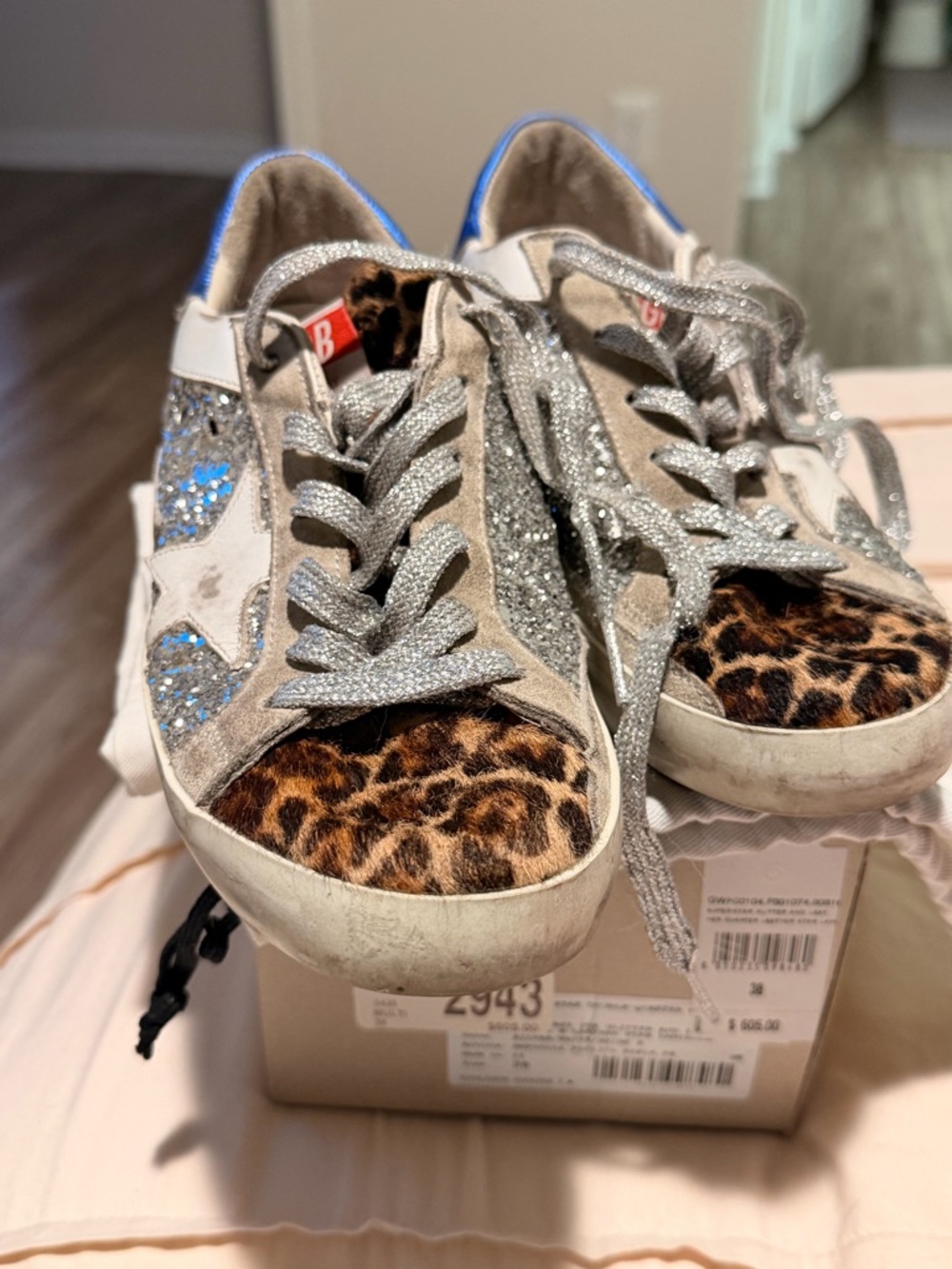 Golden Goose Leopard Toe & Silver Glitter Low-Top Sneakers